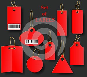 Set of red tags with Golden rope. Collection of labels of various shapes on a black background.