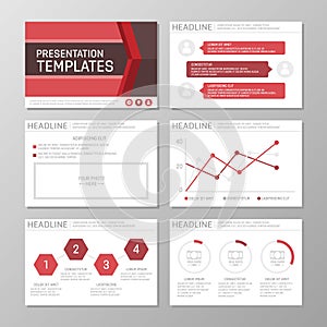 Set of red template for multipurpose presentation slides with graphs and charts. Leaflet, annual report, book cover