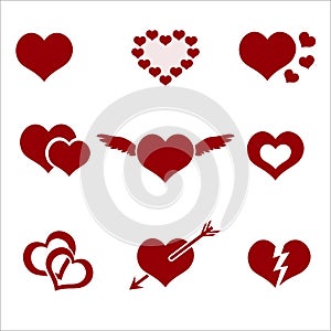 Set of red valentine hearth love symbols