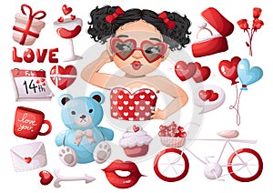 Set of Red Valentine s day elements and cool girl wearing heart shaped eyeglasses cartoon