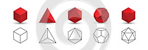 Set of red vector editable 3D platonic solids isolated on white background. Mathematical geometric figures such as cube