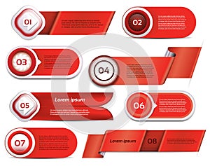 Set of red vector progress, version, step icons