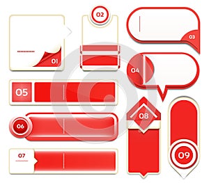 Set of red vector progress, version, step icons.