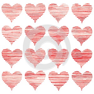 Set of red watercolor hearts isolated on white background. Doodle print for Valentine`s Day card. Cute striped pattern drawn on