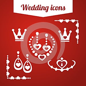 Set red wedding icons. jewelry, earrings, necklace,