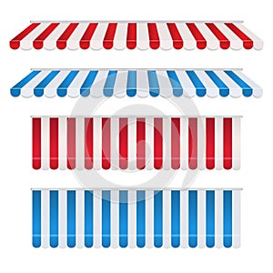 Set of red and white, blue and white strip colorful awnings for shop. Tent sunshade for market isolated on white background.