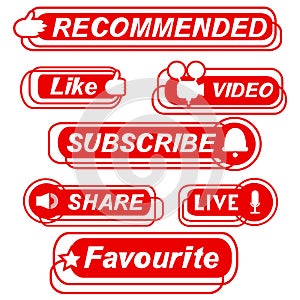 Set of red and white buttons for social media - Like, share, recommended, subscribe to video channel, blog