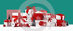 set of red and white gift boxes on green background