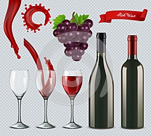 Set of red wine. Glasses, bottles, splash, grapes. 3d realistic vector