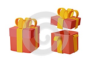 Set of Red wrapped gift box open holiday pack with golden bow ribbon 3d icon realistic vector illustration. Closed, open