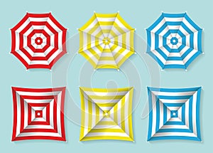 Set of red, yellow and blue beach umbrellas top view. Square and circle sun umbrellas. Vector illustration.