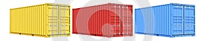 Set of red yellow and blue cargo container shipping freight twenty feet. For logistics and see transportation. 3d
