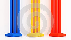 Set of Red yellow blue pentagon podium with modern geometric pillar background,  3D rendering