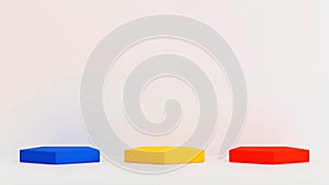 Set of Red yellow blue pentagon podium with white wall and floor background,  3D rendering