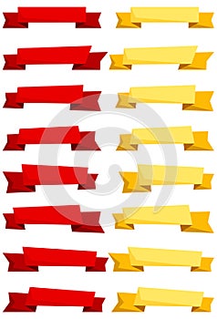 Set of red and yellow cartoon ribbons and banners for web design.