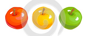 Set of red, yellow and green apples. traffic light abstract concept. Collection of colorful fruits icon isolated white