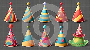 Set of red, yellow, green, blue cone caps decorated with dots, stripes, and zigzags on transparent background. Birthday photo