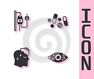 Set Reddish eye, IV bag, High human body temperature and Medicine pill or tablet icon. Vector