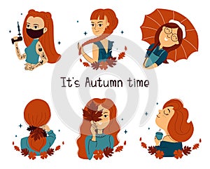 The set of redheads girls. The collection cartoons women are good for autumn time