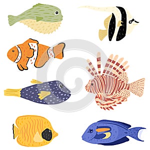 Set reef fish isolated on white background. Different fish: puffer, lionfish, moorish Idol, clown, surgeon, butterfly