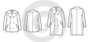 Set of reefer Pea coats technical fashion illustration with double breasted, oversized Stand up collar, jetted pockets.