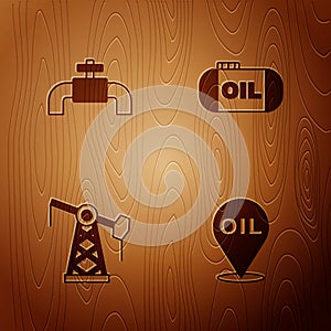Set Refill petrol fuel location, Metallic pipes and valve, Oil pump or pump jack and tank storage on wooden background