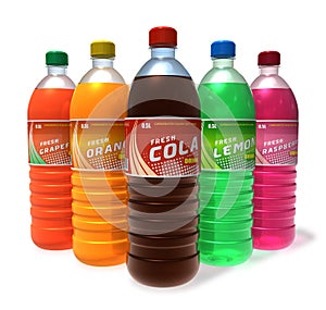 Set of refreshing drinks in plastic bottles