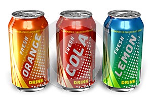 Set of refreshing soda drinks in metal cans