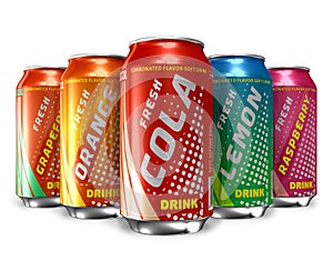 Set of refreshing soda drinks in metal cans photo