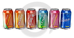 Set of refreshing soda drinks in metal cans