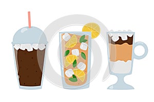 Set of refreshing summer drinks. Cartoon iced coffee, iced latte and cold tea with ice cubes.