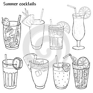 Set of refreshing summer drinks. Silhouettes of different cocktails and juices in glass cups.