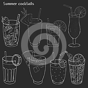 Set of refreshing summer drinks. Silhouettes of different cocktails and juices in glass cups on black background.