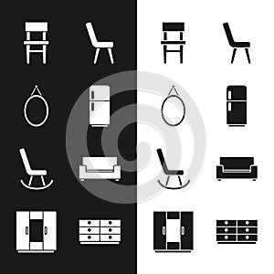 Set Refrigerator, Mirror, Chair, Armchair, Sofa, Chest drawers and Wardrobe icon. Vector