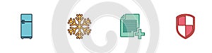 Set Refrigerator, Snowflake, Add new file and Shield icon. Vector