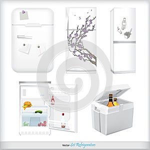 Set of refrigerators with labels and products