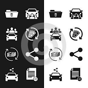 Set Refund money, Car sharing, Delete folder, , and Share icon. Vector