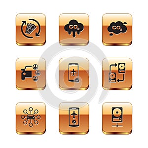 Set Refund money, Car sharing, Flight mode the mobile, , and CO2 emissions cloud icon. Vector