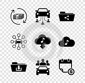 Set Refund money, Car sharing, Share folder, Folder download, and Financial calendar icon. Vector