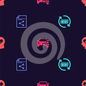 Set Refund money, Share file, Car sharing and Head with heartbeat on seamless pattern. Vector