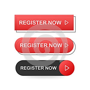 Set Register now button. Internet icon. Pointer click icon. Vector stock illustration.