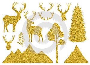 Set Reindeer horns mountains trees golde silhouettes vector illustration