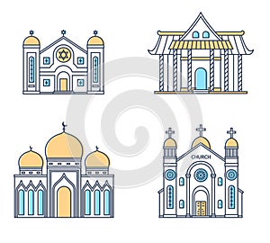 Set of religion buildings. Church, mosque, synagogue, pagoda. Traditional religions architecture.