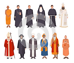 Set of religion people. Different characters collection buddhist monk, christian priests, patriarchs, rabbi judaist