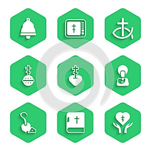 Set Religious cross in heart, Holy bible book, Jesus Christ, Magic staff, Christian, fish and Church bell icon. Vector