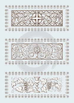 A set of Religious symbols of christianity, including cross and Holy Grail. Biblical illustrations in old engraving style