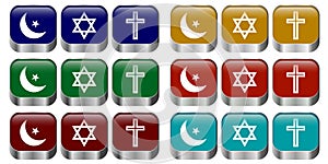 Set of 3 religious symbols: Islamic crescent, Jewish star of David, Christian cross on a three-dimensional button. The concept of