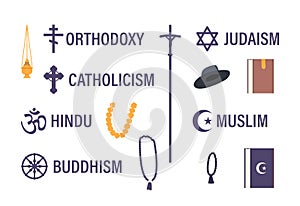 Set of Religious Symbols. Orthodoxy and Catholicism Cross, Om Hinduism, Wheel of Dharma Buddhism, Star of David