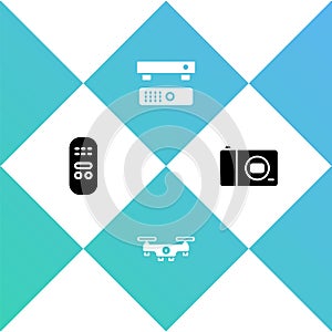 Set Remote control, Drone flying, Multimedia and TV box and Photo camera icon. Vector