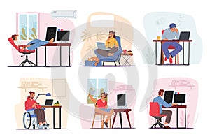 Set Remote Workplace, Homeworking Concept. Men and Women Freelancers Characters Working from Home on Computers photo